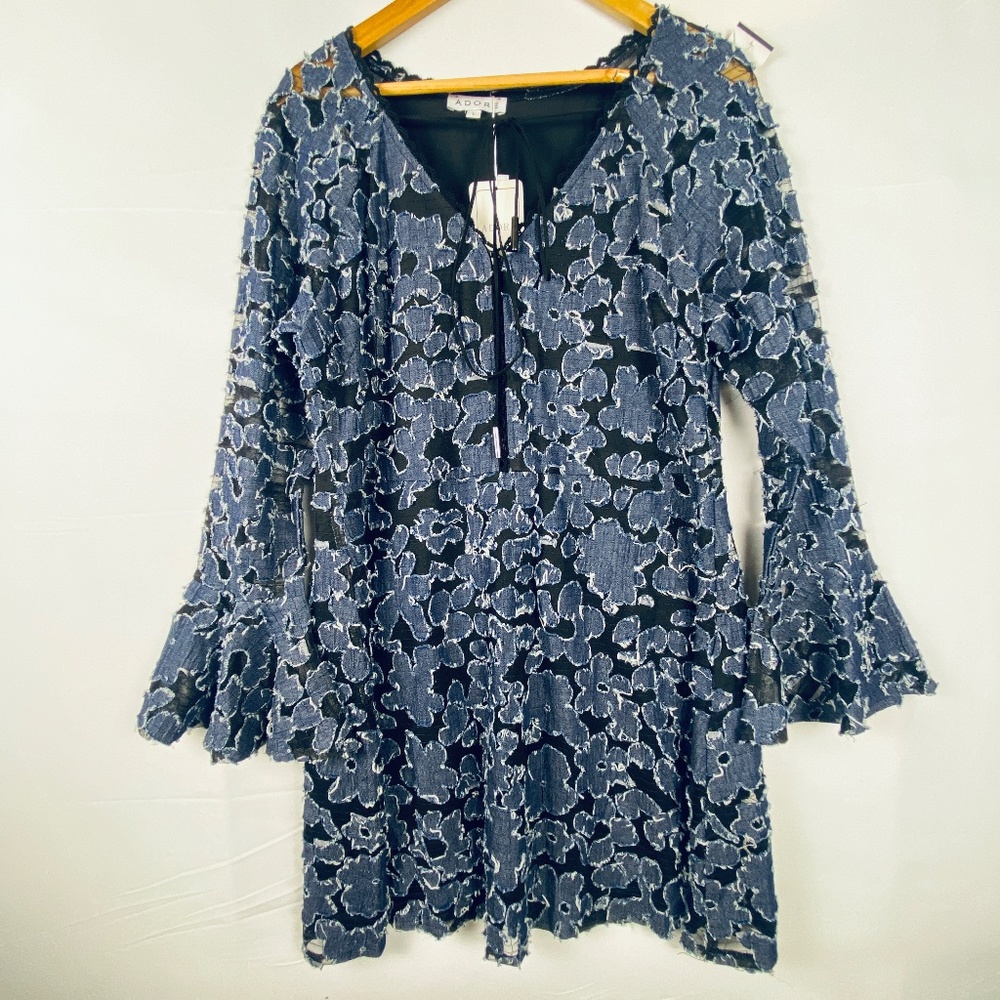 Adore Sz: L long sleeve mini dress layered sheer blue denim Boho NWT